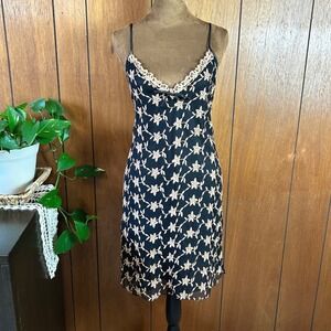 Vintage Cliché Black Floral Lace Trim Slip Dress XL Embroidered Floral Bohemian